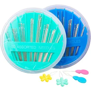 60-Pack Premium Hand Sewing Needles Set, 6 Sizes Embroidery Needles Kit with Threaders, Assorted Large Eye Sewing Needles for Repair, DIY, Art & Craft Projects(Green&Blue)