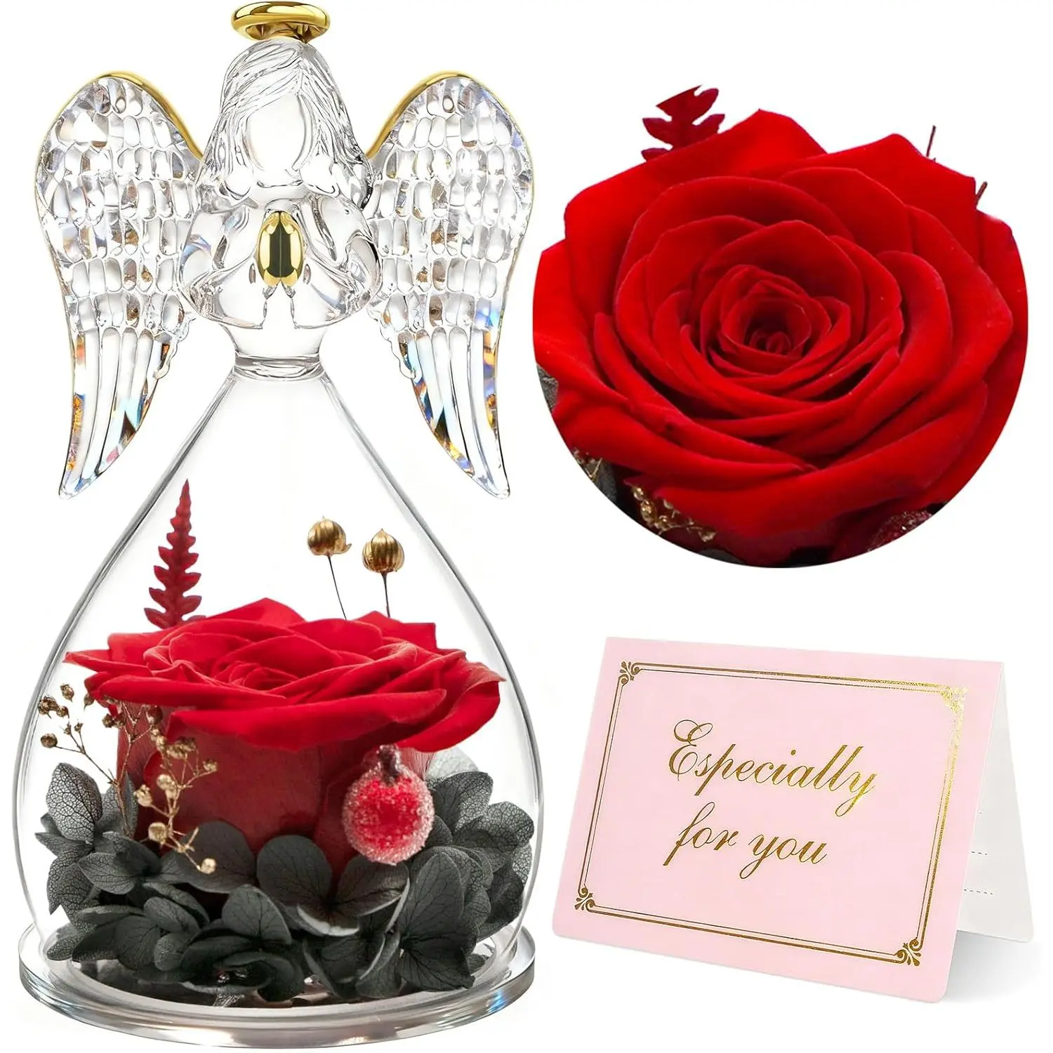 Mom Birthday Gifts for Women, Preserved Roses Forever Flower in Glass Angel Figurines Gifts for Moms Grandma, Real   Christmas Mothers Day Anniversary Valentines Gifts for Her(Red)