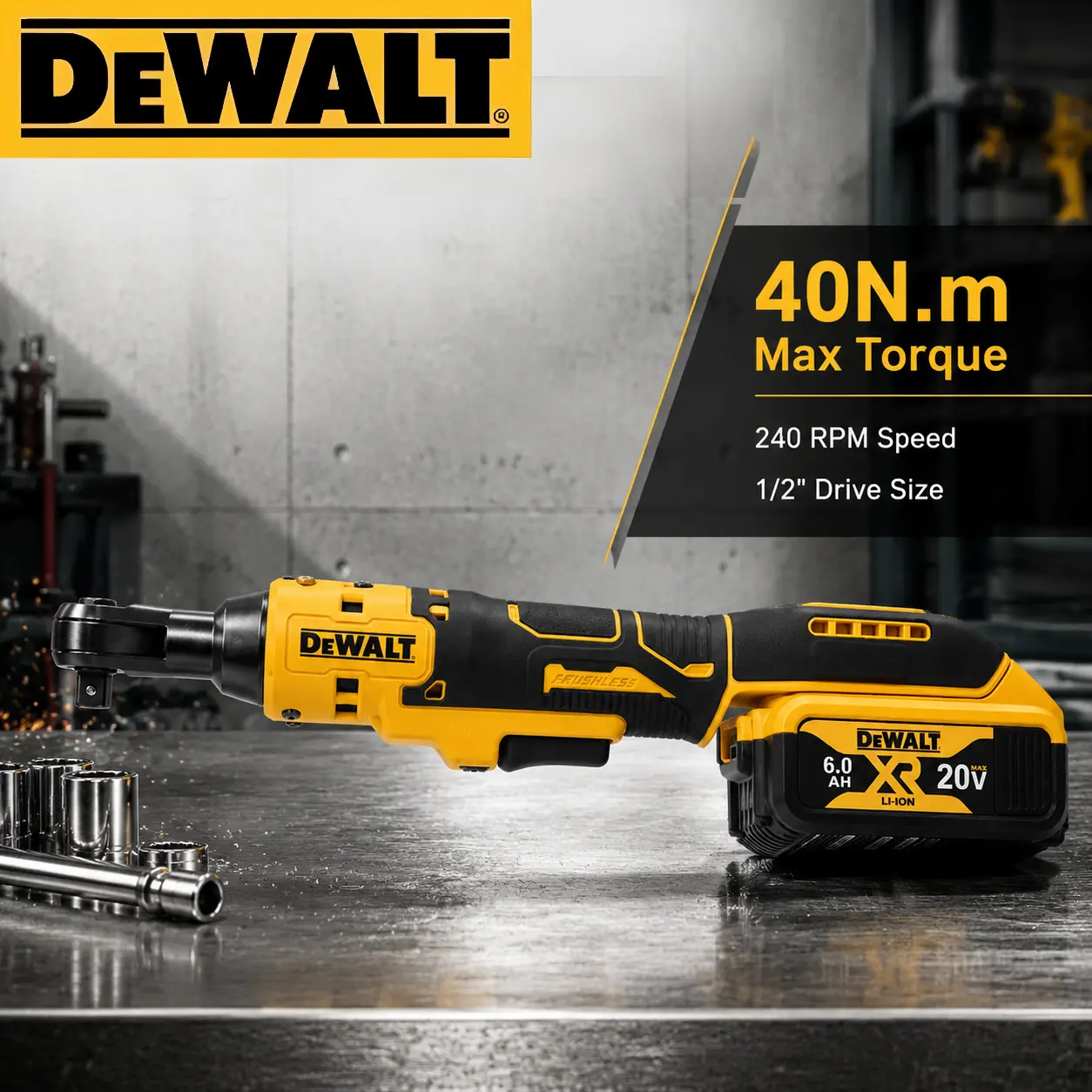 DEWALT 20V Model Cordless 1/2-Inch Socket Drive Ratchet Wrench - 40Nm Torque, 240 RPM, Variable Speed, Ideal for Tight Spaces, Auto Repair, HVAC Work project