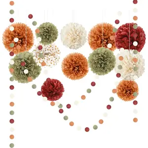 Fall Wedding Decorations  Pumpkin Orange Sage Green Ivory Tissue Pom Poms Decor, Dots Paper Garland for Thanksgiving, Baby Shower, Autumn Harvest Party Supplies
