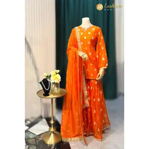 Lushkara Bright Orange Sharara Set with Gold Detailing