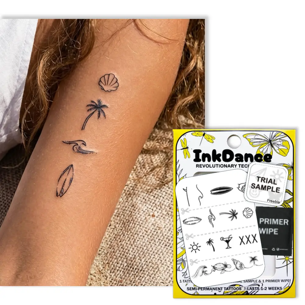 InkDance Semi-Permanent Realistic Temporary Tattoos (Aloha Hawaii Theme - Surf Vibes, Shaka, Waves) - Waterproof Plant-Based Ink, All Skin Types, Cellulose Acetate Butyrate, 1-2 Weeks Long-Lasting, 24hrs Color Development, No Harmful Additives X247, Singl