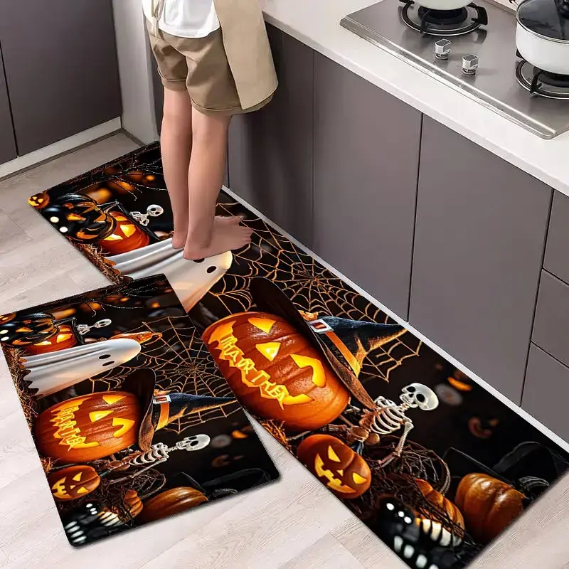 2Pcs Halloween Terrifying Pumpkin Ghosts Skeleton Dead Branches Spider Web Floor Mat Set Farmhouse Kitchen Carpet Restaurant Floor Laundry Room Decor Carpet Mat, Home Decor Rugs, Decorative Rug, Rug Sets