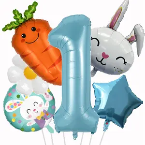 Bunny Balloons Foil Number 1 Balloon Round Rabbit Carrot Daisy Blue Star Balloons For Bunny Birthday Decorations Animal Ballons Arch Kits Party Easter Balloon Sets 6Pcs