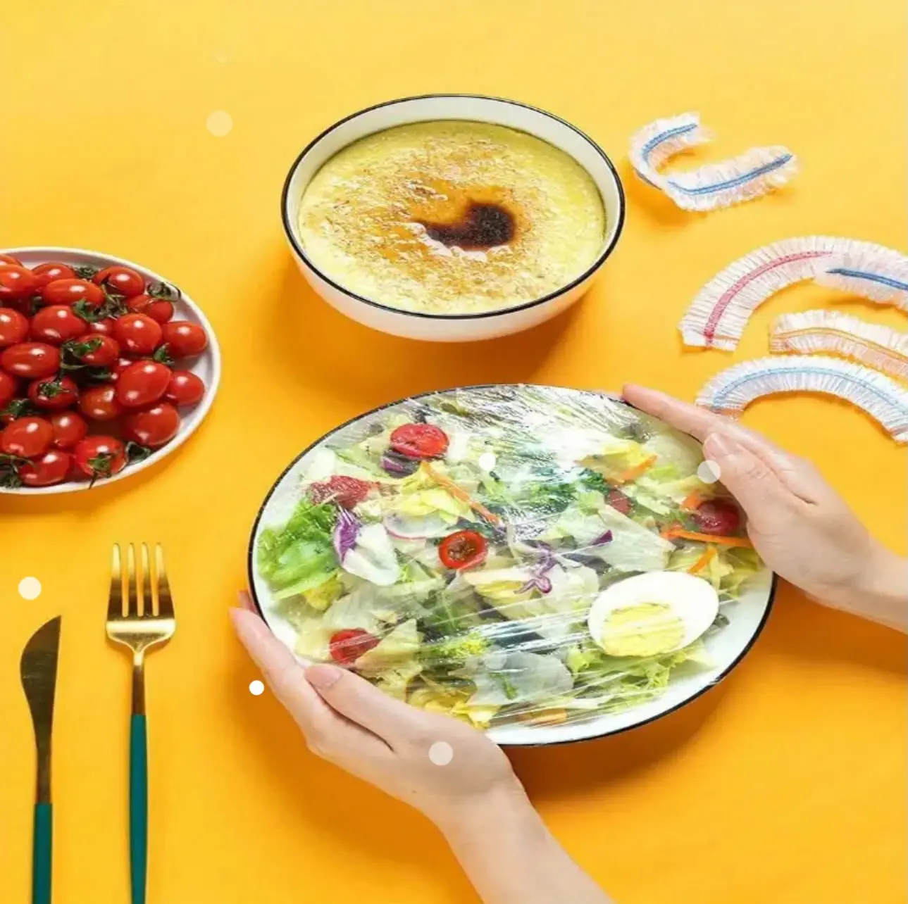 50 PCS Disposable Stretch Food Covers – Elastic Plastic Wrap for Bowls, Plates & Food Storage