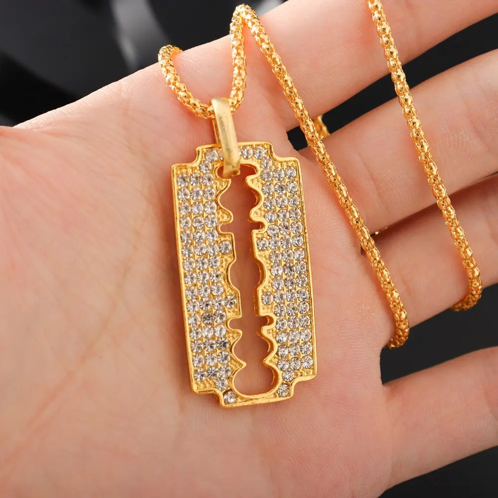 Fashionable And Trendy Hip-hop Men's Golden Necklace, Retro Viking Punk Razor Blade Hollow Pendant Accessory Jewelry