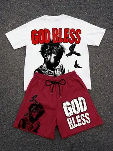 Men's God English Print Peace Prayer T-Shirt & Dark Shorts Set, Fashionable Comfortable Casual Wear, Versatile Men's Clothing