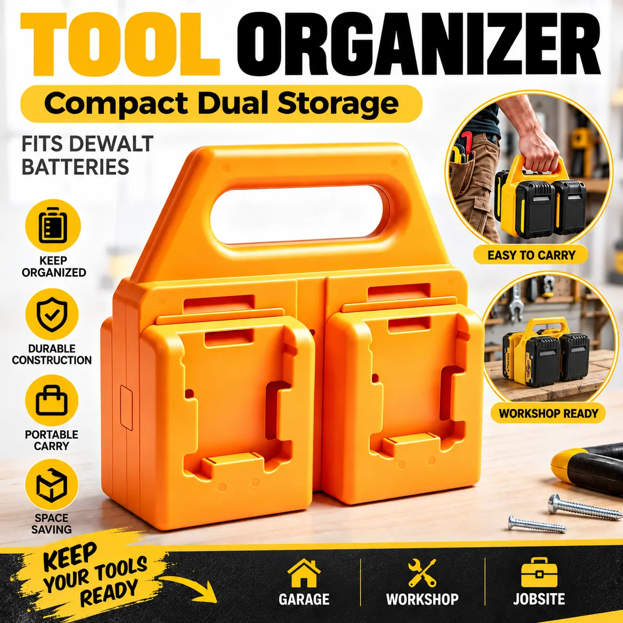 Dewalt Battery Holder, 4-Slot Portable Battery Storage Rack with Carry Handle, Compatible with DeWalt 20V/18V Li-ion Batteries DCB203 DCB182 DCB184 DCB20 DCBP034 DCBP520 DCB606 DCB609, Power Tool Battery Organizer Case for Workshop Garage Storage