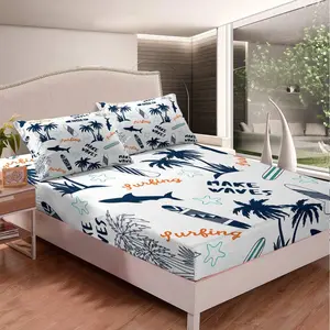 Palm Tree Fitted Sheet,Surfboard Bedding Set,Surfing Sports Luxury Bed Sheet Set,Hawaiian Tropical Bed Cover,Shark Starfish Twin Full Queen Bed Set