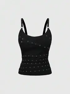 Grunge Punk Sleeveless Black Spaghetti Strap Top with Studs & Rhinestones for Women, Goth Style, Gothic Style