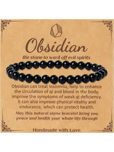 Crystal Bracelet, Unisex - 6mm Semi-Precious Stone Beaded Bracelet, Elastic Bracelet, Yoga Bracelet (Obsidian