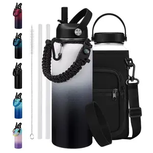 Insualted Water Bottle 40oz - 40/64/128oz Leak Proof Stainless Steel Flask Water Bottles with Straw Flex Lid, Survival Paracord, Shoulder Carrier Bag, Metal Hydro Water Flask Mug Sports Hiking Cycling Work