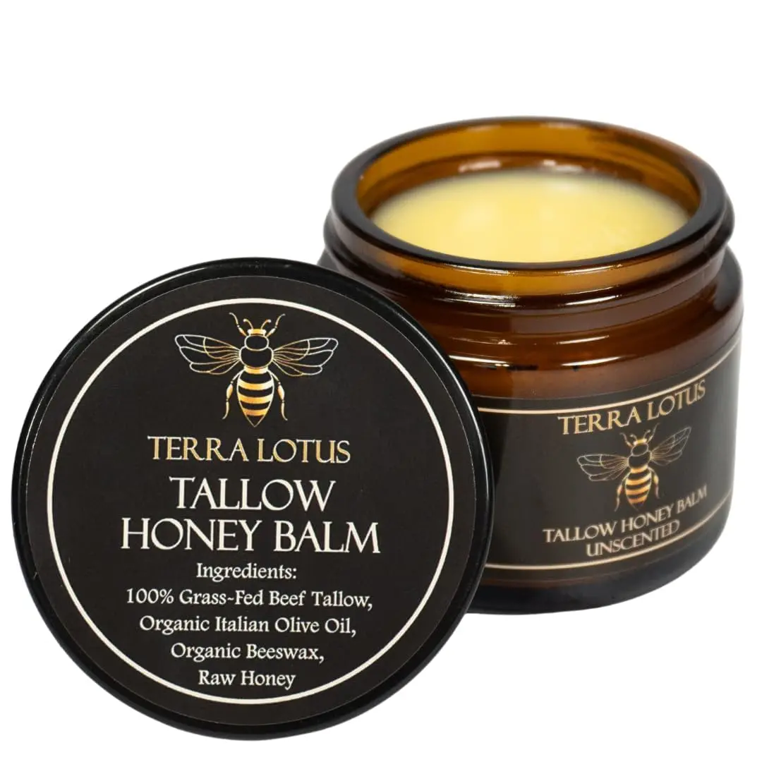 Terra Lotus - Organic Grass-Fed Beef Tallow Balm with Raw Honey - Moisturizing Cream - Handmade All-Natural Moisturizer (2 Oz, Unscented)
