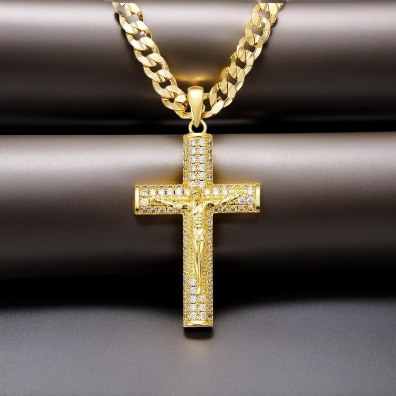 God’s Blessing for Dad! ️ Gold Cuban Chain with Cross Pendant – 24 Inch Figaro Link Necklace – Father’s Day Christian Gift initial cross necklace Gold Plated Cuban Chain Cross Necklace hip hop religious jewelry Trendy Jewellery Accessories cuban chain