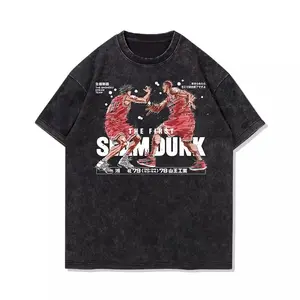 Japanese Slam Dunk T-Shirt, Liuchuan Maple & Sakuragi Flower Road Graphic, Retro Washed Cotton Short Sleeve Tee, Vintage Anime Streetwear, Casual Oversized Fit, Soft Comfortable Cotton Top, Trendy High School Basketball Anime Fan Outfit, Unisex Everyday