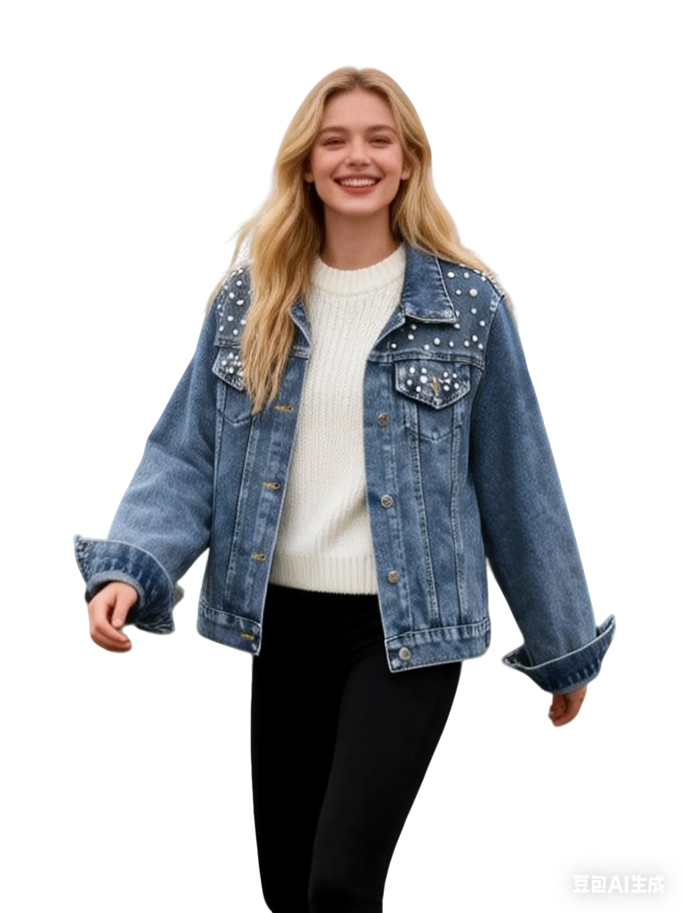Aswulk Women Oversized Denim Jacket Embroidered Pearls Beading Jeans Coat