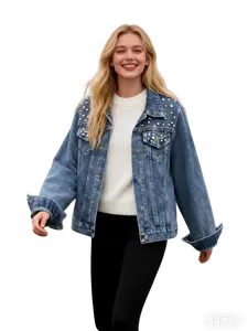 Aswulk Women Oversized Denim Jacket Embroidered Pearls Beading Jeans Coat