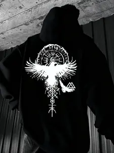 Nordic Mythology Raven Runestone Hoodie, Unisex Cool Long Sleeve Top, Dark Graphic Streetwear Casual Sporty Sweatshirt for Mythology Lovers, Fitted