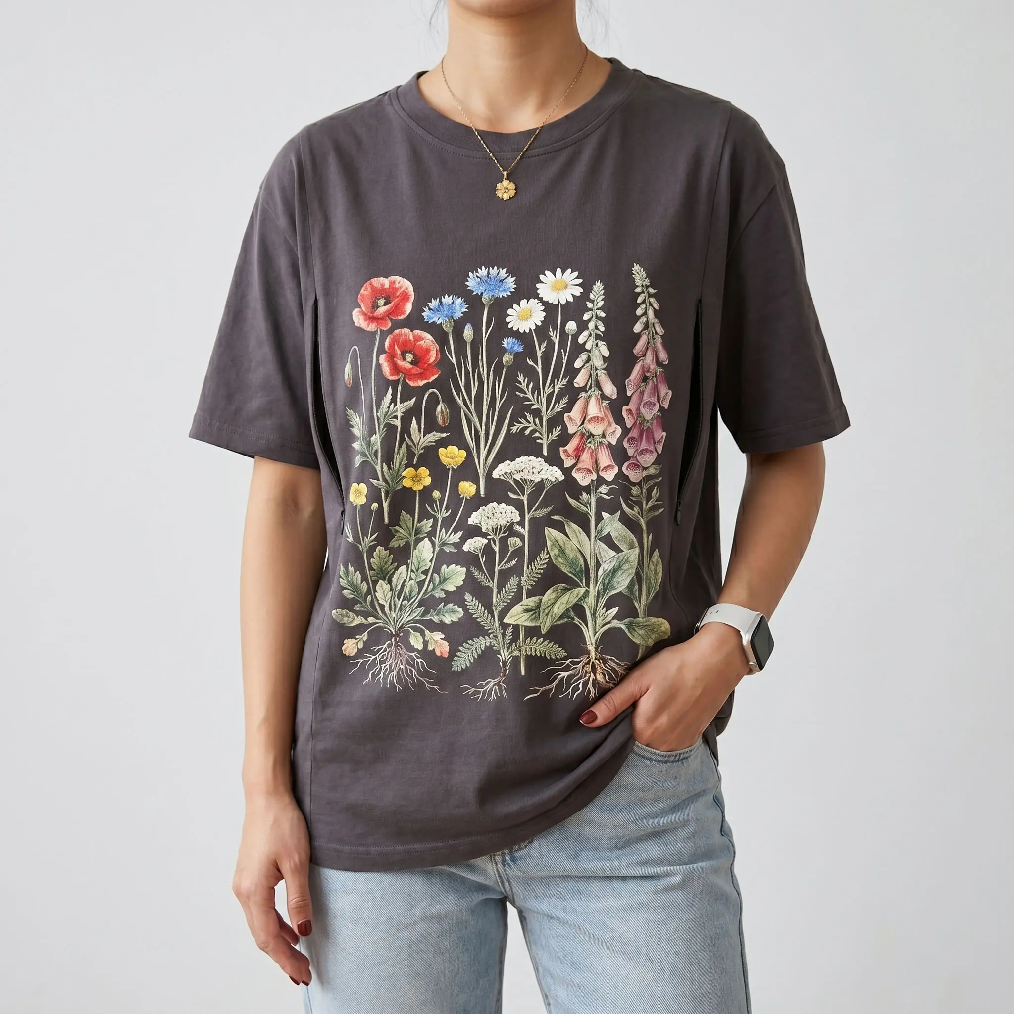 GIFTIFYMAMA Women's Casual Nurse-Themed Short-Sleeve Nursing T-shirt, Vintage Wildflower Print Soft Cotton Maternity Top with Side Zippers, Tshirt, Breastfeeding Top, Fabric, Crew Neck, Fit, Round Neck, Side Zips, Regular Length, Graphic, T-Shirt Top, All