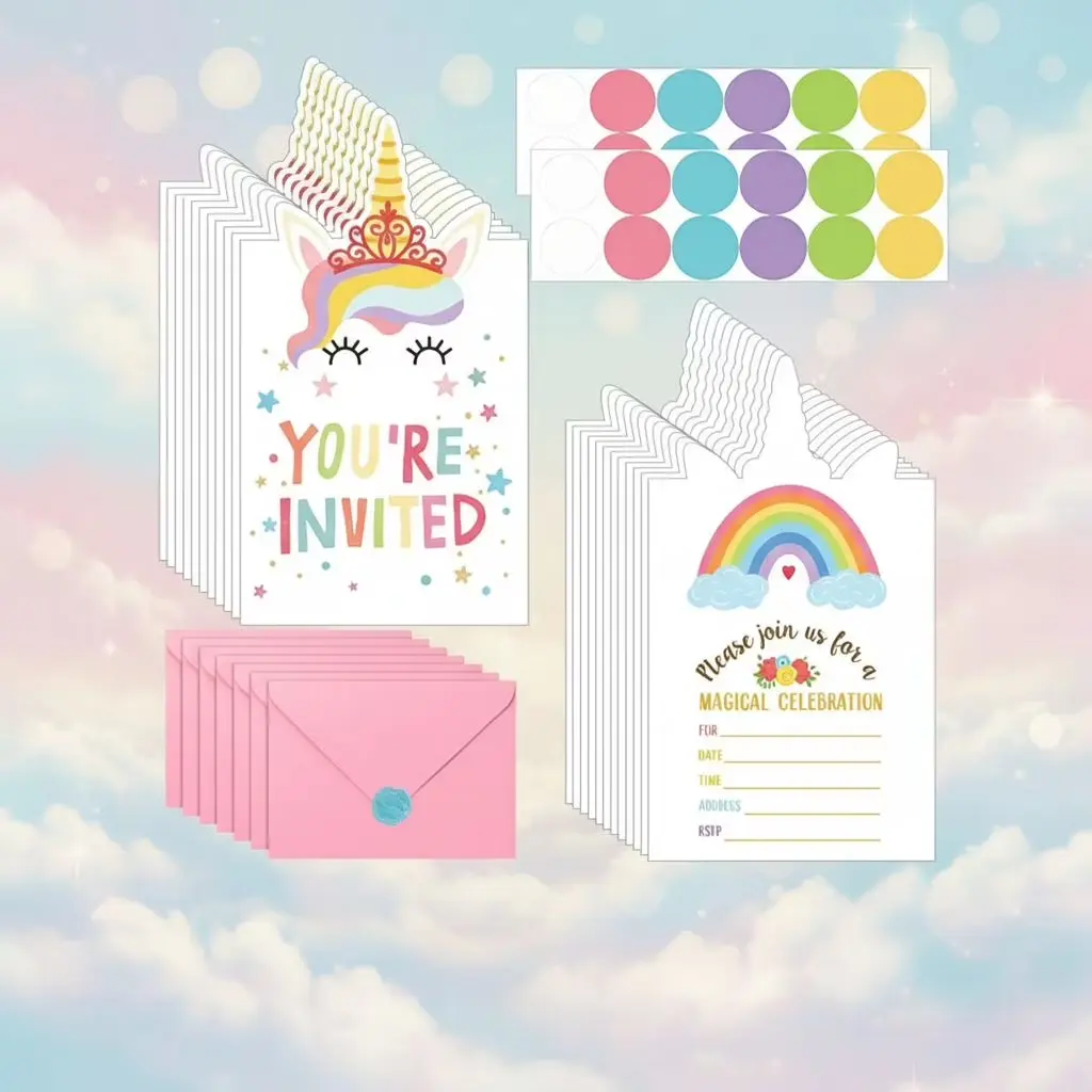 24 Pack Unicorn Birthday Invitation for Girls Boys Party Invitation, 24 Envelope 24 Sticker Labels Pink Envelope Sticker Labels Kit Supplies for Birthday Baby Shower
