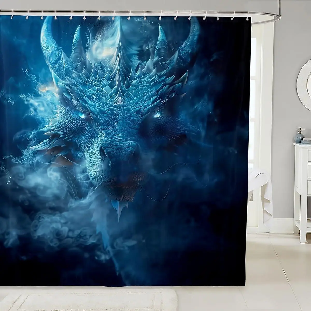Western Dragon Shower Curtain Magical Dragon Bathtub Curtain Men Fantasy Animal Print Hippie Blue Fire Bathroom Accessories 12 Hooks