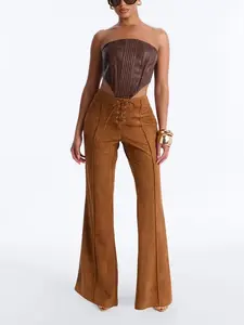 Out West Faux Suede Lace Front Straight Leg Pant - Camel