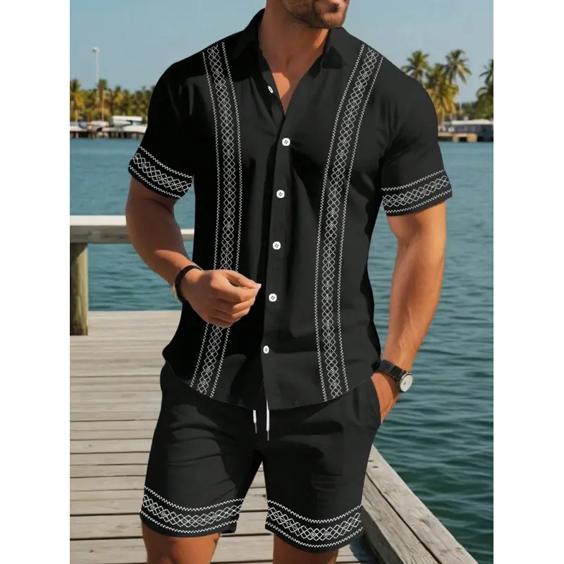 Summer Men's Holiday Hawaiian Casual Menswear Two-Piece Set, Simple Geometric Print Design, Soft Skin-Friendly Breathable Material, Tropical Style Collared Shirt & Drawstring Shorts Formal  Clothes