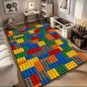 2D Building Block Print Flannel Area Rug - Colorful Lego-Inspired Soft Mat for Playroom & Kids Bedroom, Non-Slip Creative Decor Rug #BuildingBlockRug #LegoInspiredMat #KidsPlayroomDecor #CreativeBlockCarpet #NonSlipFlannelRug