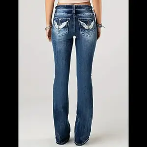 Womens Washed Blue Bootcut Jeans with Wing Geometric Embroidery Back Pockets, High Waist Retro Slim Fit, Stretch Denim for All Seasons Womenswear Bottom