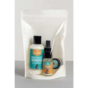 RizFrizz Collection Sampler - Eco-Friendly Pet Care Set with Low Suds Co-Poo, Premium Healing Dry Oil, Skin & Paw Grease, and Pawfume