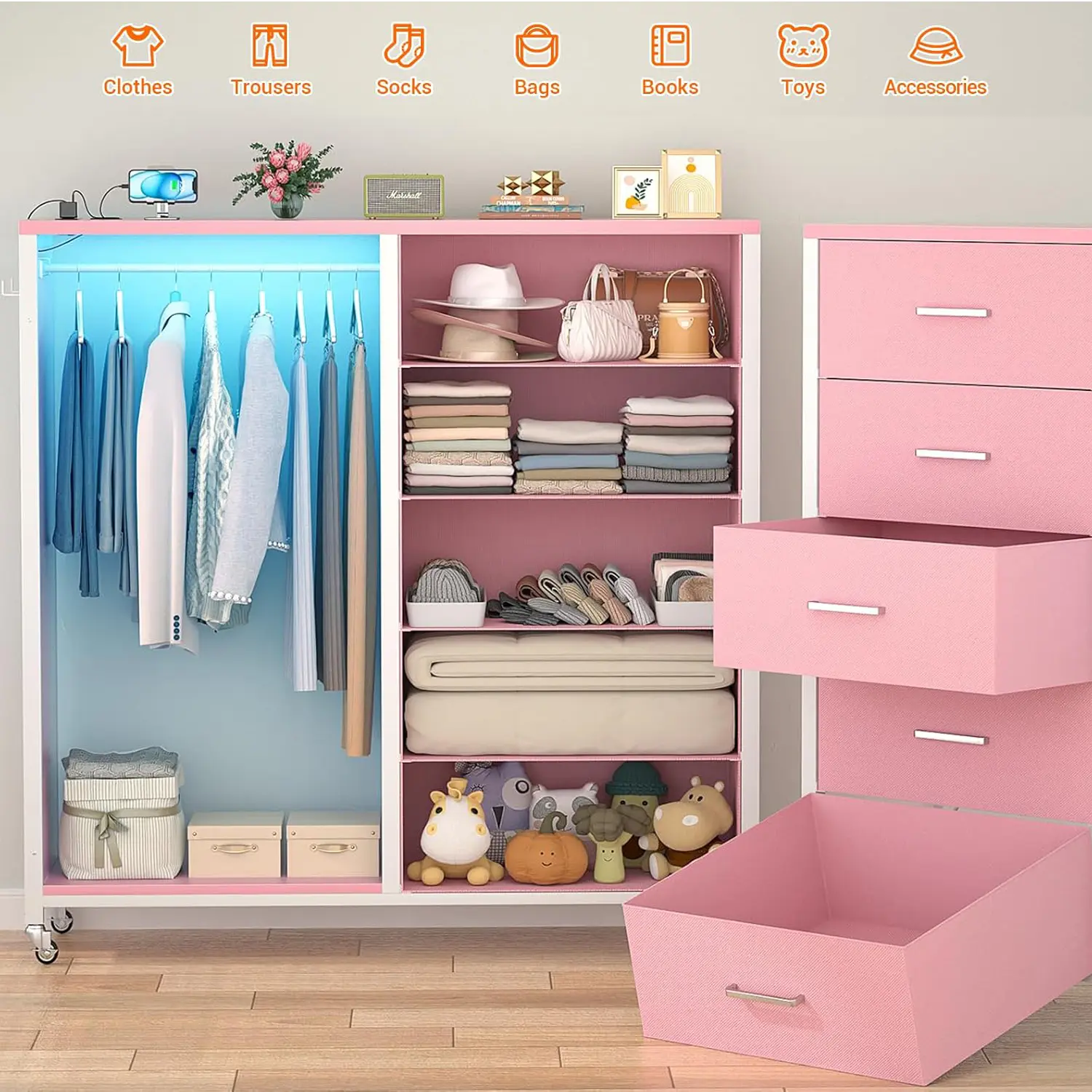 Cyclysio Sturdy Wood Wardrobe Cabinet with 5 Fabric Drawers, LED Lights, Clothes Rack, Mirror, Rolling Wheels, Charging Station, Closet Organization for Bedroom, Entryway Cabinet and Storage