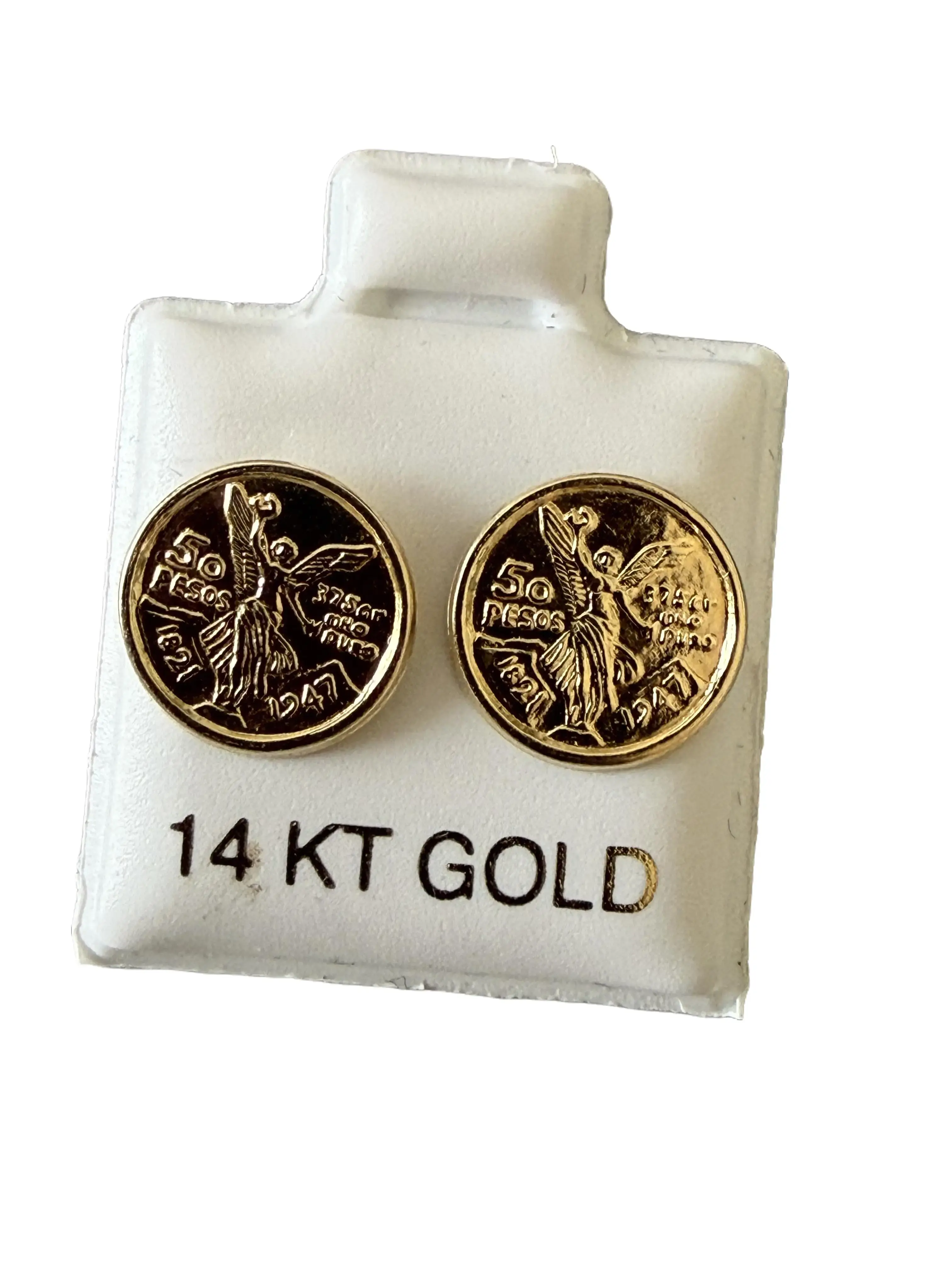 14 Karat Yellow Gold Stud Earrings for Women, Elegant Mexican Centenario Coin Motif, 9mm Miniature with Secure Screw Backs, Mexican Bullion Coin Aesthetics, Ethnic, Choking Hazard Small Parts, Those Who Appreciate Mexican Bullion Coin Aesthetics