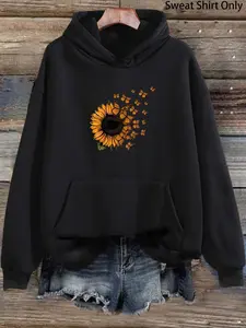 Women's Sunflower & Butterfly Print Drawstring Pocket Hoodie, Graphic Hoodies, Casual Drop Shoulder Long Sleeve Hooded Sweatshirt, Ladies Fall & Winter Clothes for Daily Wear
