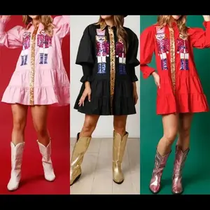 Women Christmas Sequin Skirt Nutcracker Sweatshirt Nutcracker Shirt Dress Long Sleeve Santa Sweater Mini Dress Holiday Dresses Cute Clothes Casual Fabric