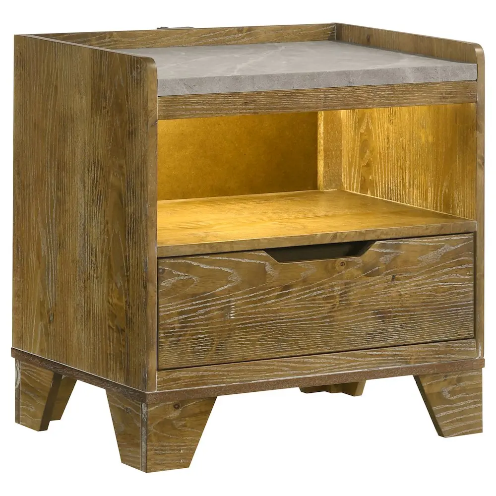 Henderson 1-Drawer LED Touch Light Nightstand Bedside Table - Modern Rubberwood Indoor Furniture with USB-C, USB-A, Built-in Touch Lighting, Faux Marble Melamine Top, Medium Oak Grain Finish