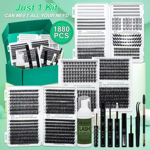 1880 PCS Lash Clusters Kit Diy Eyelash Extensions D Curl 13 Styles Lashes Kit with Bond&Seal Lash Remover Lash Brush Lash Applicator Lash Shampoo Brush, Perfect for Beginners&Proficient, DIY at Home Easily, Easy Apply for Makeup Daily