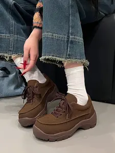 New Women's Shoes, Thick Sole Height Increasing Dad Sneakers, Walking Shoes, Matte Leather Vintage Casual Sporty Shoes, Platform Almond Toe, Multiple Colors Available