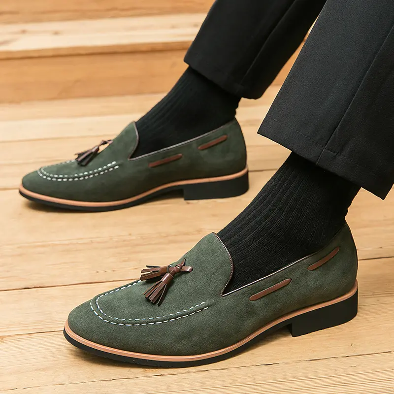 Men's Green Leather Penny Tassel Loafers - Casual Slip-On Round Toe Driving Walking Footwear with Breathable Moccasin Design and Comfortable Soft Flexible Sole, Walking Shoes