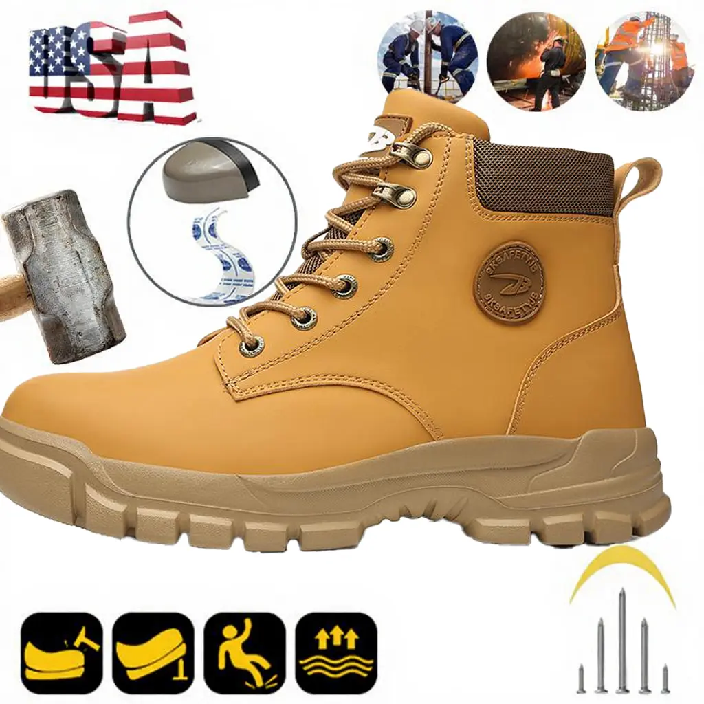Professional Men's Yellow Solid Color Classic High Top Plain Toe Safety Boots Comfy Non-Slip Durable Lace Up Work Shoes Anti-Smashing Anti-Stab