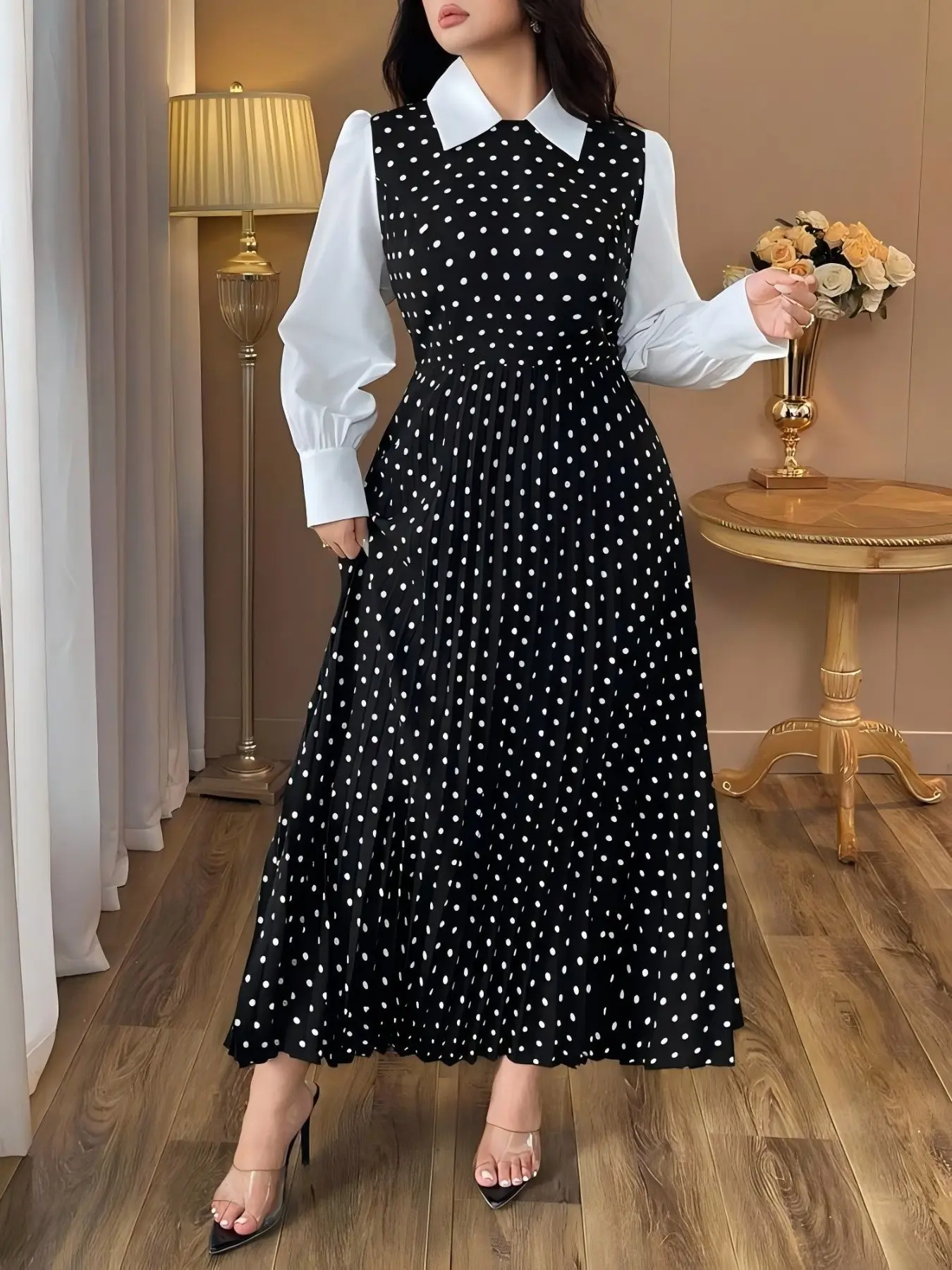 Plus Size Women's Polka Dot Pleated Loose Fit Casual Preppy College Style Dress, Long Sleeve Shirt Collar, Spring & Fall Fashion
