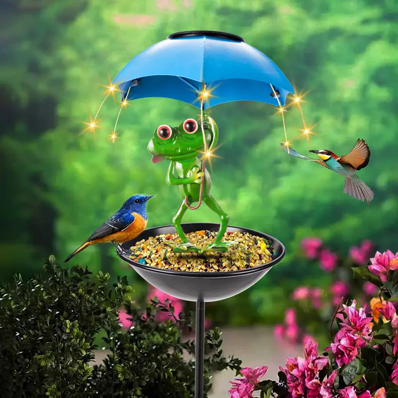 Solar-Powered Metal Figurine Outdoor Bird Feeder - Waterproof Model with Umbrella, Warm White LED Lights, Built-In Drainage Holes, Feeding Bowl/Tray, Sturdy Posts, Animal Theme Garden Decoration, Unique Mom Gift