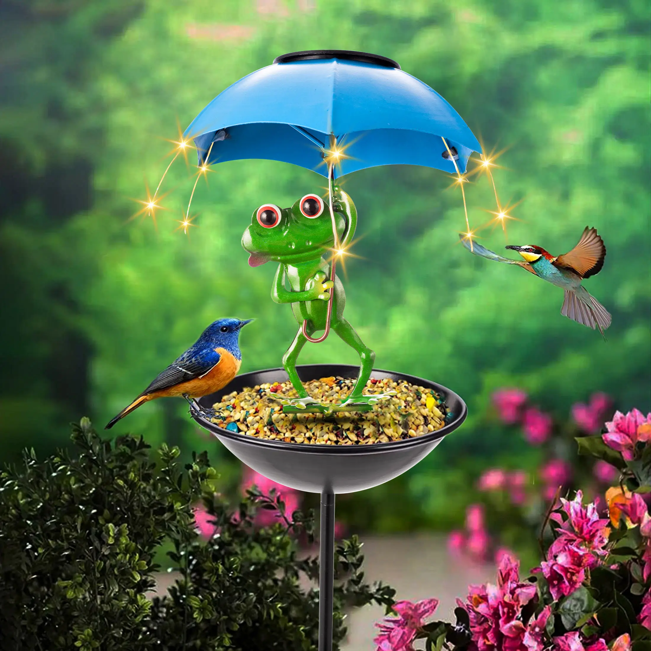 Solar Bird Feeder,Metal Bird Feeder,Waterproof Bird Feeder,Outdoor Animal Image with Umbrella Outdoor Solar Lights,Outdoor Garden Decoration,Unique Gi