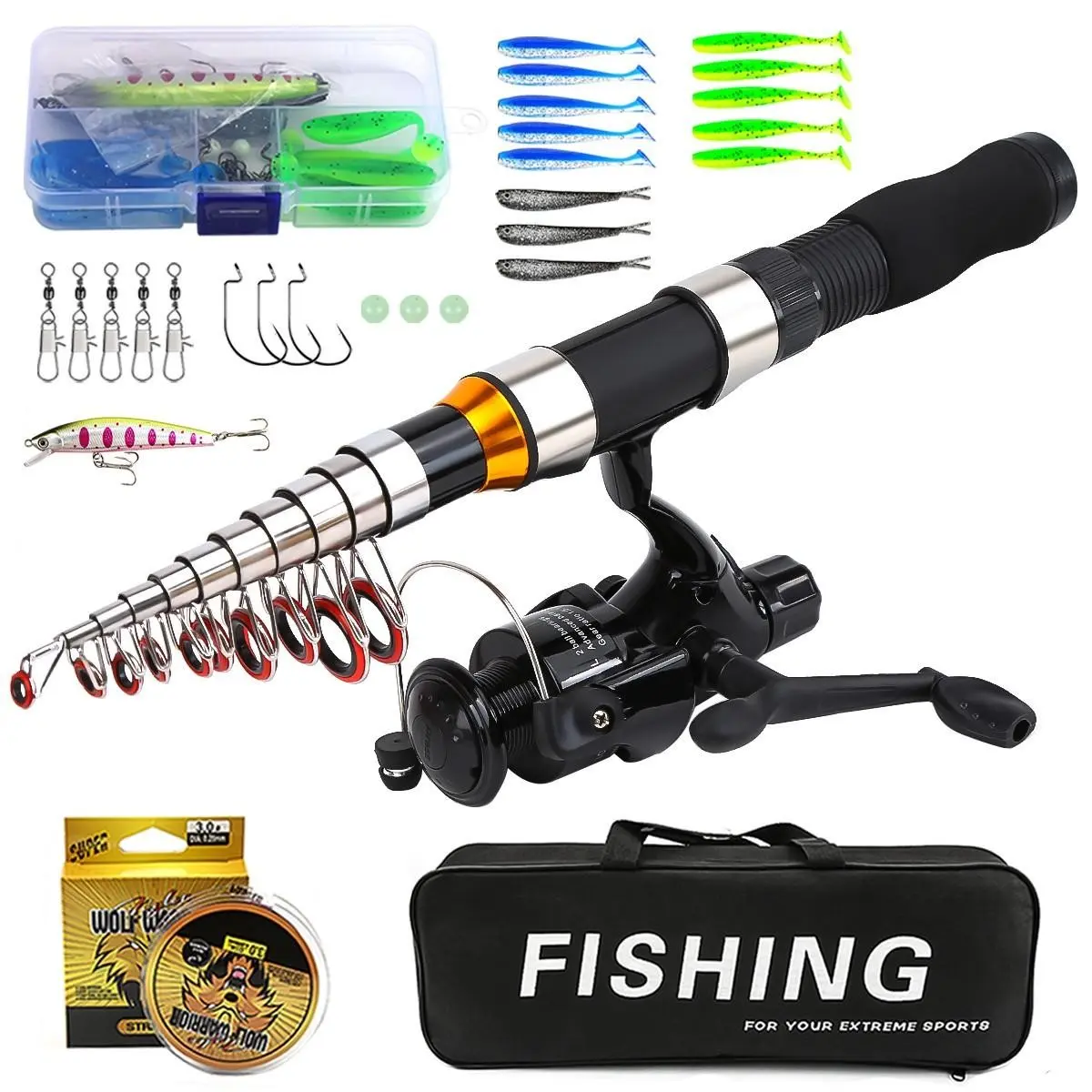 Complete Outdoor Fishing Gear Set, Outdoor Fishing Supplies, Lure Rod 2.1/2.3m, Spinning Fishing Rod and Reel Combo, Large Reel, Accessories, Rod Bag, All-In-One Fishing Equipment