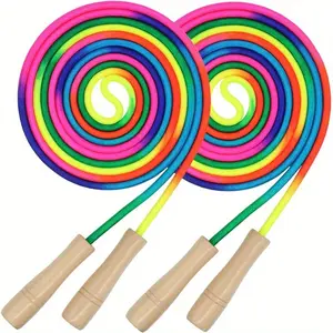 Double Dutch Jump Rope Set,2PCS Multiplayer Group Skipping Ropes with Wooden Handles,16ft Long Adjustable Rainbow Jump Ropes for Outdoor Fitness,School Sports, Party Games
