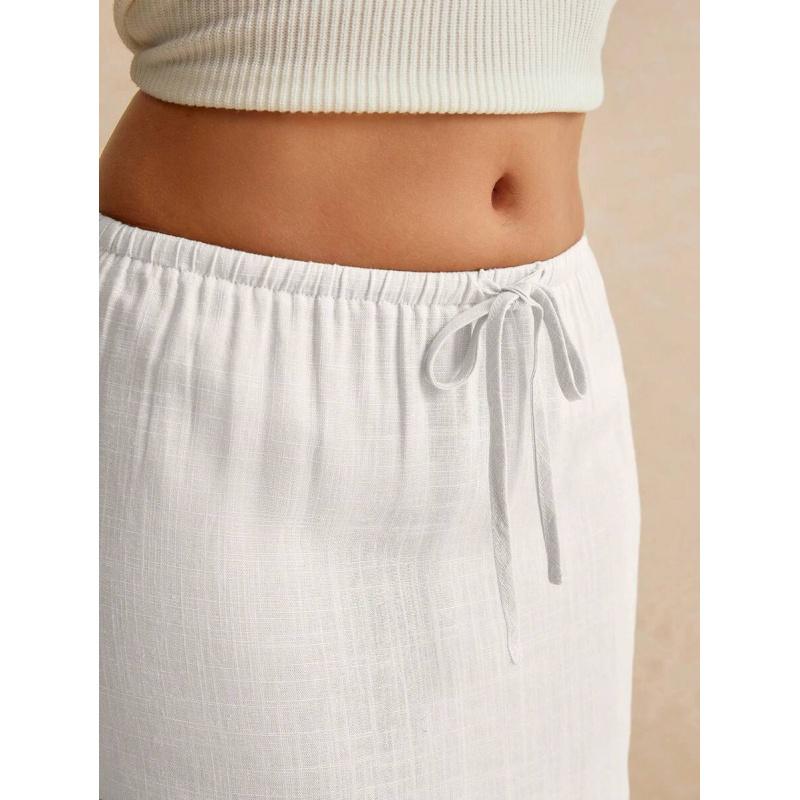 LYD- Women's White Maxi Skirt - Minimalist Drawstring Linen Fabric, Regular Fit, Casual Style, All Seasons Bottoms for Home Wear -LYD sport women leopard