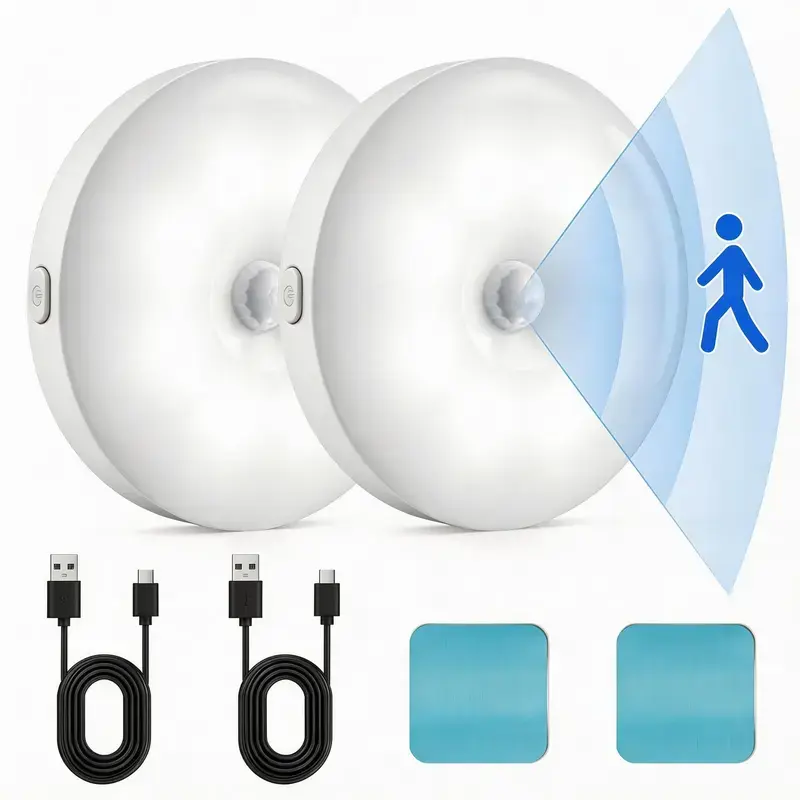 Rechargeable Motion Sensor LED Lights Indoor, Stick-On Puck Lights with 30s Auto Off, 3 Operating Modes, Adjustable Cool White Glow, Fast Stick-On Puck Installs for Bedroom, Closet