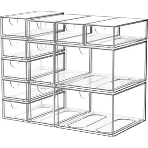 12 Pack Clear Stackable Storage Drawer Set, 3 Sizes (8 Small/2 Medium/2 Large) Modular  Drawer Organizer, Makeup Organizer for , Bathroom, Kitchen Cabinet, Desk, Undersink, Pantry, Office
