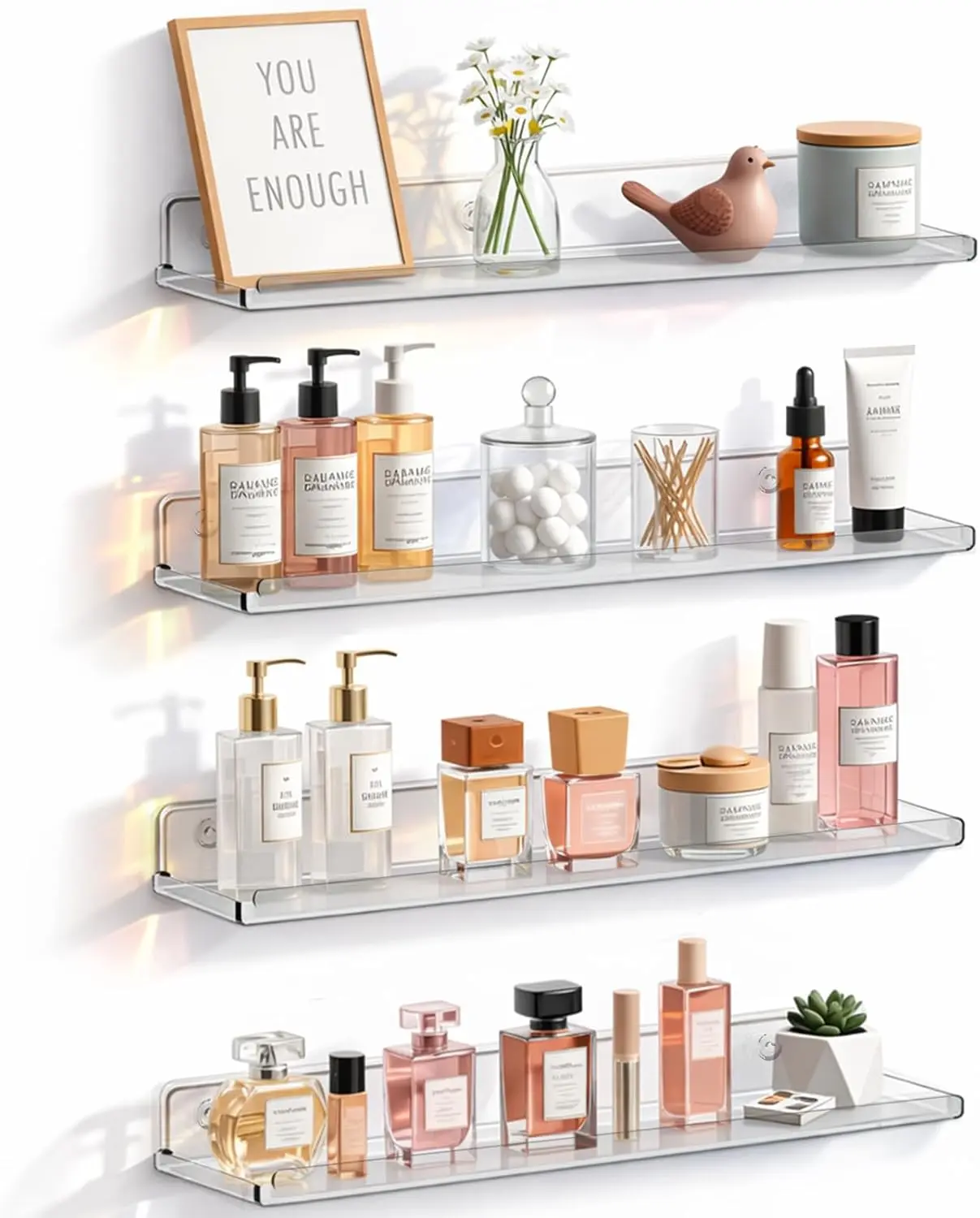 4-Pack Minimalist Floating Shelves - Hanging Wall-Mounted Organizer (14in) for Bathroom Makeup, Skincare, Nail Polish, Easy Installation, Decoration, Room Decorations, Home Supplies, Wall-Mount Floating Shelves