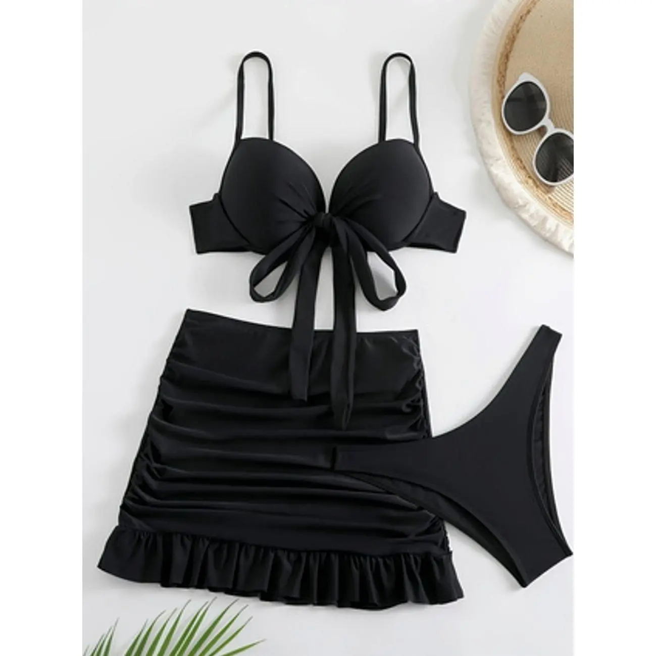 Women’s 3-Piece Tie Front Push-Up Bikini Set with Ruched Ruffle Hem Skirt for Beach and Vacation