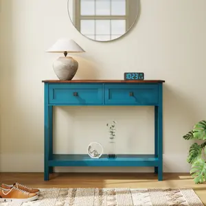 Farmhouse Style Console Table with 2 Drawer and Bottom Storage Shelf for Entryway, Rustic Side Table with Storage Drawer and Shelf for Living room, Hallway(Pagoda Blue)    RR